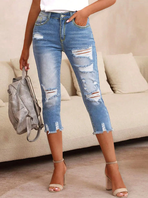 Women’s Ripped Capri Jeans with Raw Hem