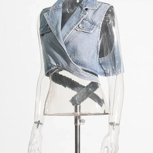 Irregular Cross Denim Coat For Women High Waist Hollow Out Casual Summer Top