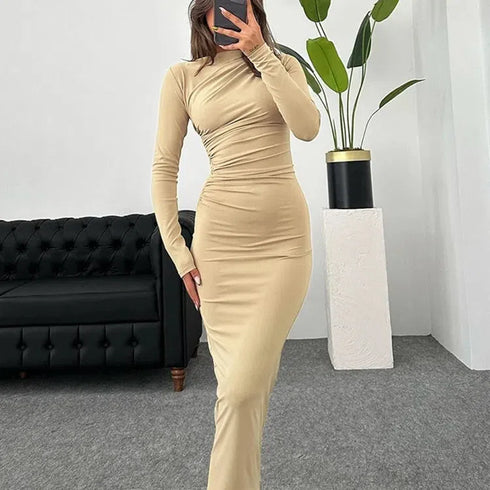 Elegant Solid O-neck Patchwork Maxi Dress