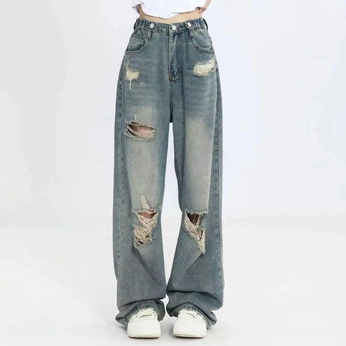 High Waist Wide Leg Denim Jeans with Hole Detail