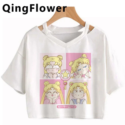 Kawaii Anime Cartoon Tee for Women - V-Neck Short Sleeve Top