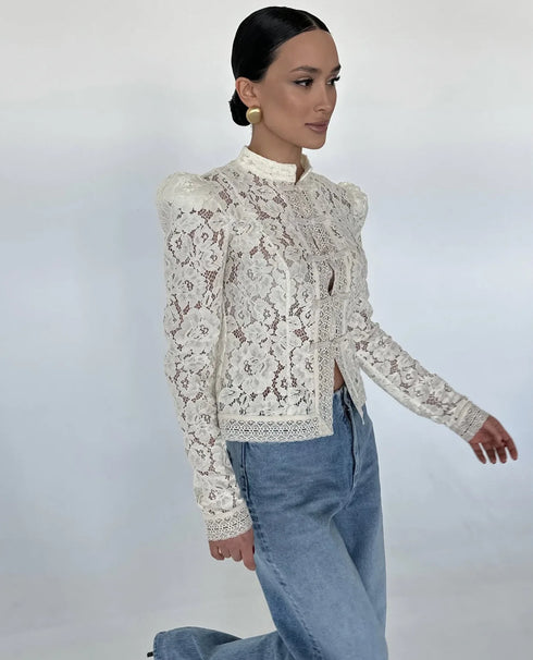 White Lace Hollow Out Blouse for Women