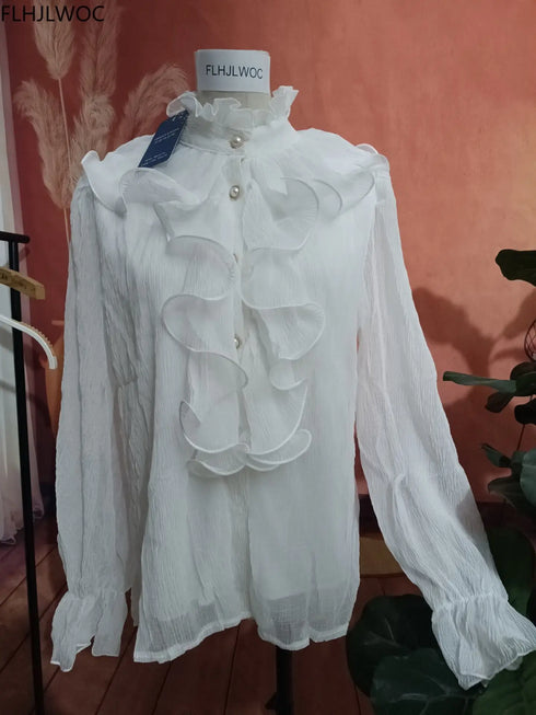 Elegant Ruffled White Blouse for Office Wear