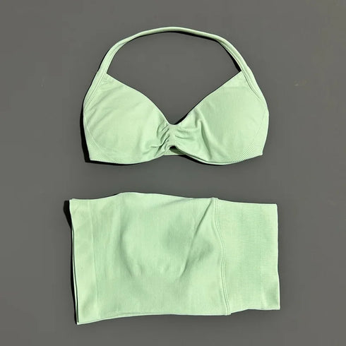 HISTELLO Women's Seamless Yoga Set with Strappy Bra and Shorts