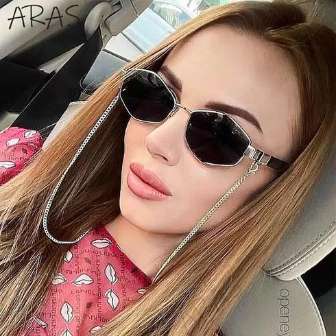 Trendy Retro Hexagon Sunglasses with Chain for Women