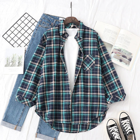 Elegant Women's Plaid Shirt 2025 New Ladies Large Size Casual Loose Lapel Long Sleeve Blouse&Tops Female Lapel Checked Clothing