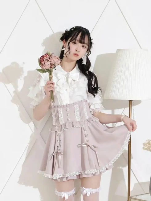 Noemi Inspired Ruffle Bow Top - Japanese Dark Femme Off-Shoulder Blouse, Lace Trim Bell Sleeve Shirt for Yami Kawaii & Lolita
