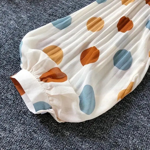 Polka Dot V-Neck Chiffon Blouse with Lantern Sleeves