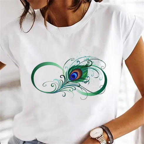 Feather Print Aesthetic T-Shirt for Women - Short Sleeve Graphic Tee, Trendy Streetwear Top, Perfect for Spring/Summer Fashion