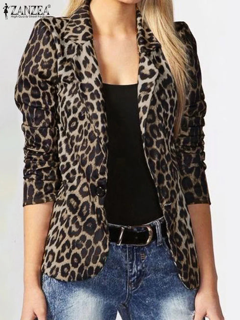 ZANZEA Leopard Print Lightweight Blazer for Women