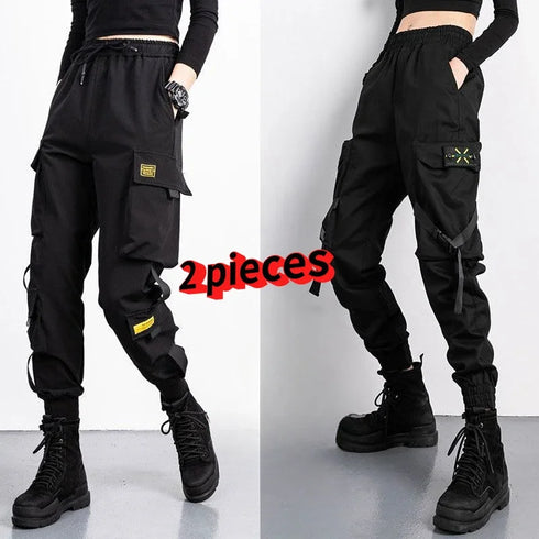 Women's Black Cargo Joggers with Ankle Ties
