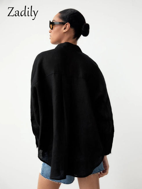 Zadily Minimalist Full Sleeve Oversize Black Women Basic Shirt Button Up Loose Woman Tuic Blouses 2025 Autumn Female Long Tops