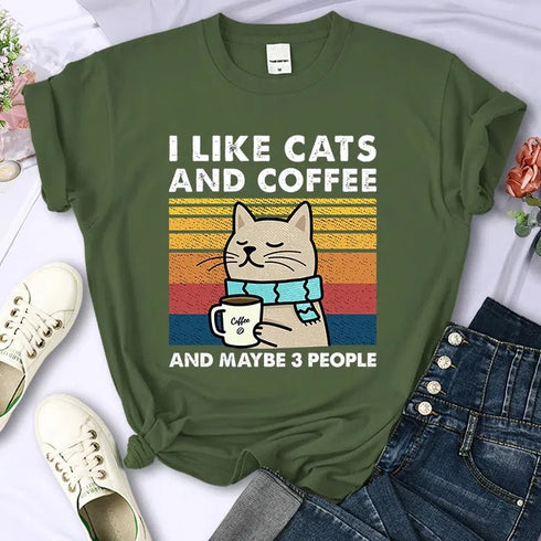 Cute Cat & Coffee Graphic Tee for Women