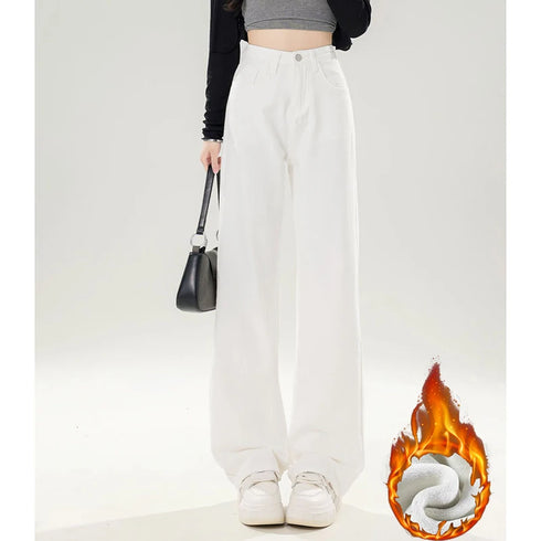High Waist Fleece Thermal Denim Pants for Women