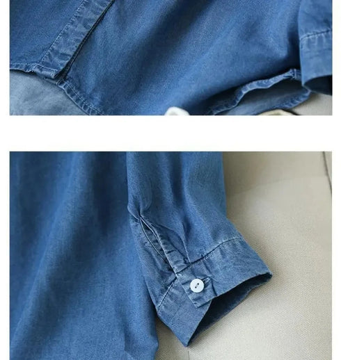 Blue Denim Lyocell Casual V-Neck Blouse