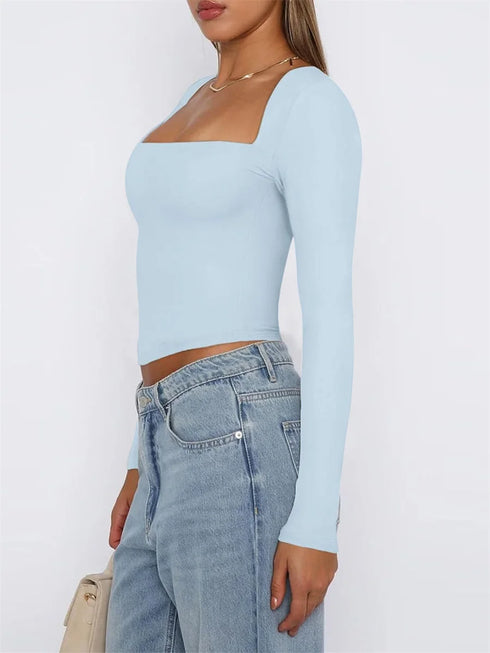 Women's Slim Fit Crop Tops Fashion Long Sleeve Square Neck Solid Color Pullover Basic T-Shirt Dressy Blouses 2024 New Streetwear