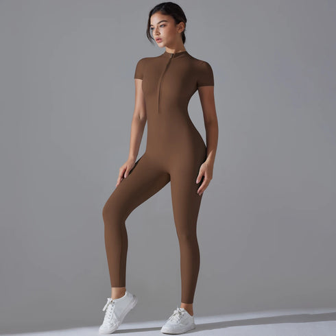 Women's Short Sleeve Yoga Bodysuit with Zipper