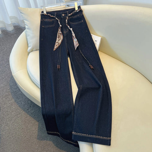 Wide Leg Denim Jeans with Scarf Belt