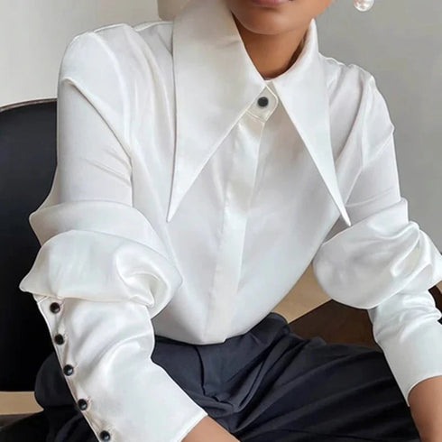 Elegant Satin Silk Blouse with Turn Down Collar