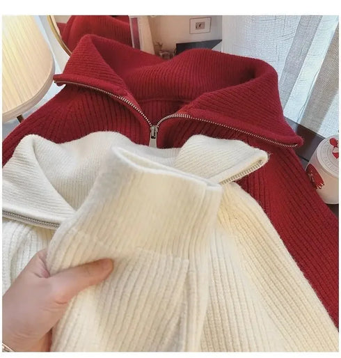 Half Zip Collar Knitted Sweater for Women