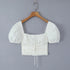 2023 Sexy Corset White Ruched Chest Square Collar Short Puff Sleeve Shirt Women Cross Lacing up Bandage Waist Bodycon Crop Tops