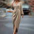 Women’s Maxi Satin Dress with V-Neck and Long Sleeves