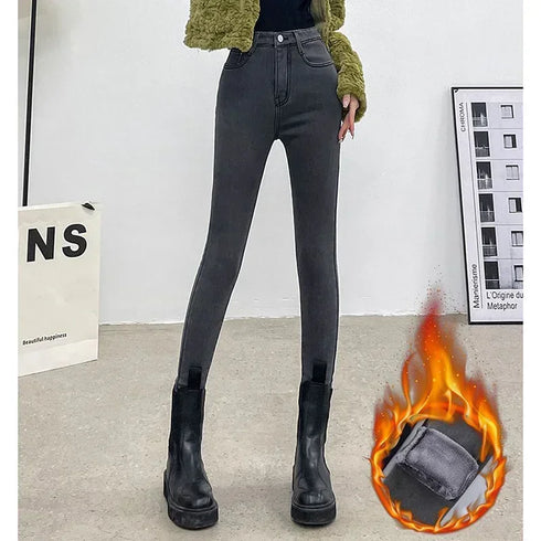 High Waist Thermal Jeans for Women - Warm Plush Denim