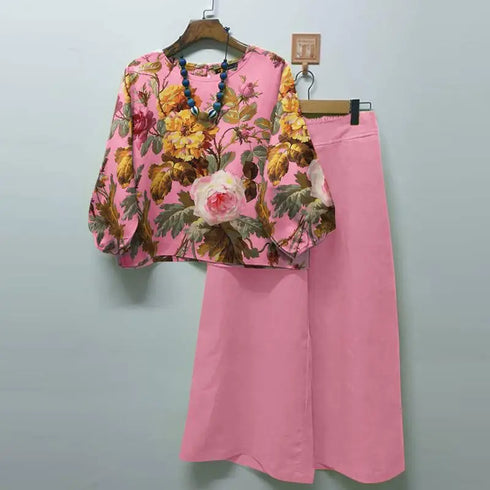 ZANZEA Autumn Floral Printed Blouse and Wide Leg Trousers Set