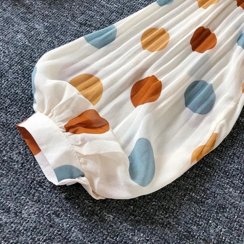 Polka Dot V-Neck Chiffon Blouse with Lantern Sleeves