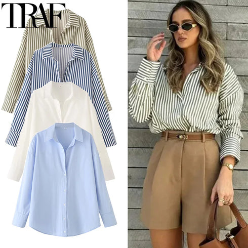 HXAO 2025 Shirts Blouses New Long Striped Shirt Women Long Sleeve Casual Shirts Large Tops Summer Plain Button Up Shirts 088