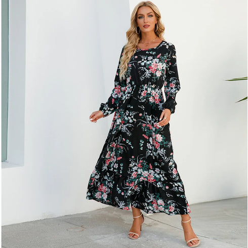 Summer Bohemian Maxi Dress with Long Sleeves