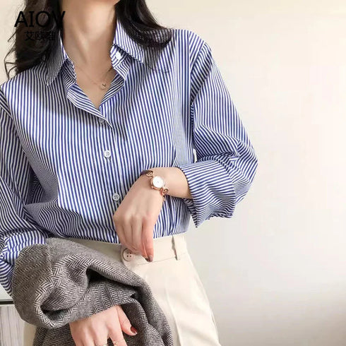 2026 Classic Striped Woman Spring Autumn Blouses Shirt Lady Long Lantern Sleeve Stand Collar Loose Blusas Tops