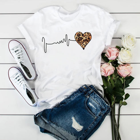 90s Leopard Heartbeat Graphic T-Shirt for Women
