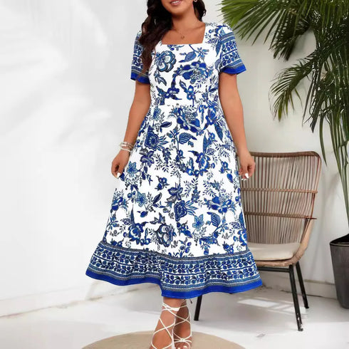 Plus Size Elegant Chic Printed High Waist Dress for Spring Summer Casual Streetwear