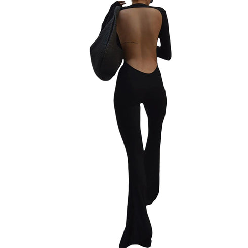 Women’s Black Flare Leg Jumpsuit with Long Sleeves