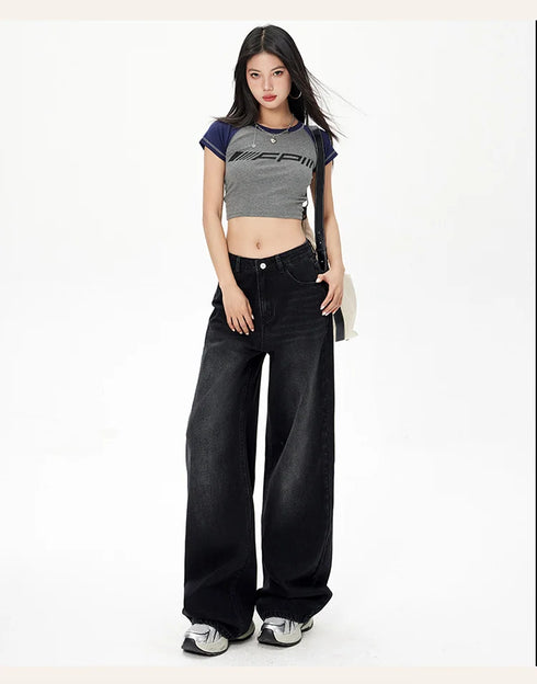High Waist Loose Fit Black Denim Trousers for Women