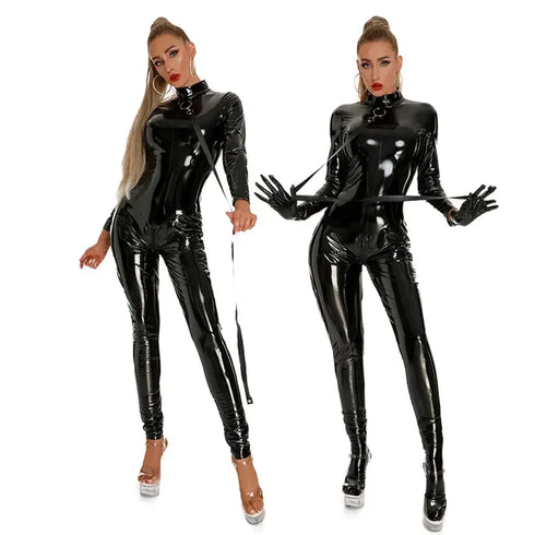 Black Shiny PU Latex Bodysuit with Zip Detail