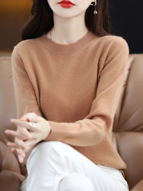 100% Merino Wool O-Neck Sweater for Women