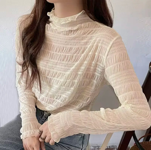 Lace Detail Turtleneck Long Sleeve Blouse