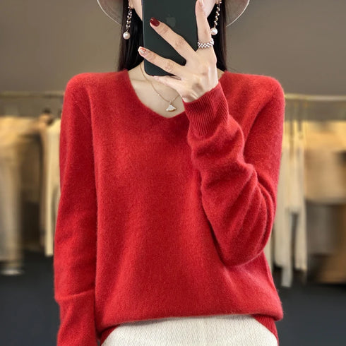 100% Merino Wool V-Neck Pullover Sweater for Women