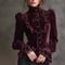 Women's Velvet Blouse Tops Single Breasted Lace Trim Flare Sleeve High Neck Collar Slim Casual Vintage Elegant Sweet Blouse