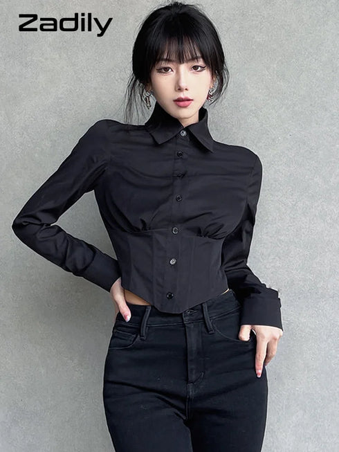 Zadily Long Sleeve Button-Up Crop Top in Black