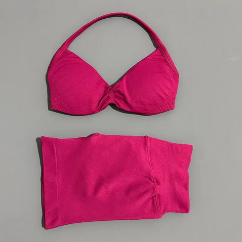 HISTELLO Women's Seamless Yoga Set with Strappy Bra and Shorts