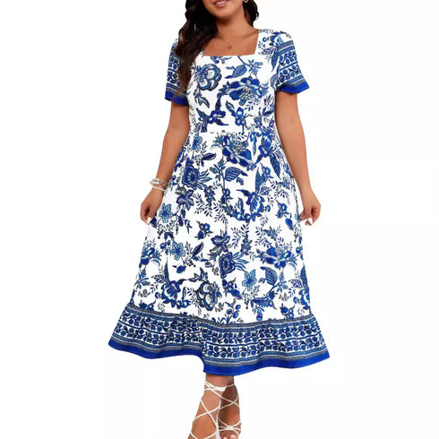 Plus Size Elegant Chic Printed High Waist Dress for Spring Summer Casual Streetwear