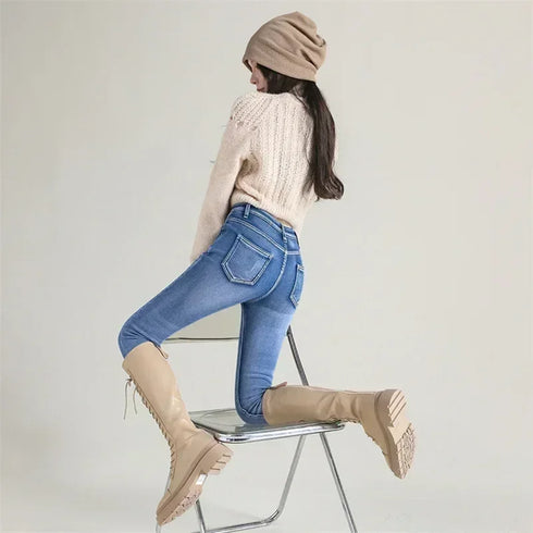 High Waist Thermal Jeans for Women - Warm Plush Denim