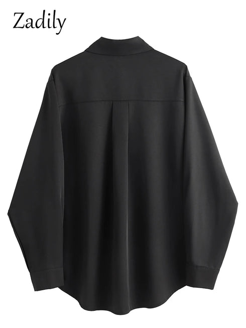 Zadily Minimalist Full Sleeve Oversize Black Women Basic Shirt Button Up Loose Woman Tuic Blouses 2025 Autumn Female Long Tops
