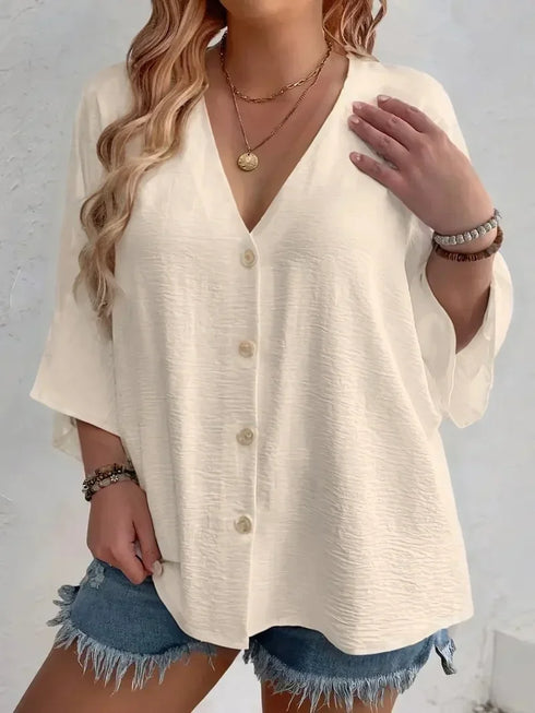 Women's Plus-size T-shirt Solid Color Breathable Spring/summer V-neck Button Travel Casual Wear with European and American Style