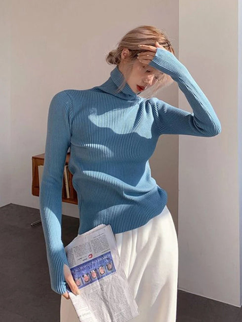 Knitted Sweater Women Korean Version Turtleneck Pullover Warm Lapping Basic Tops