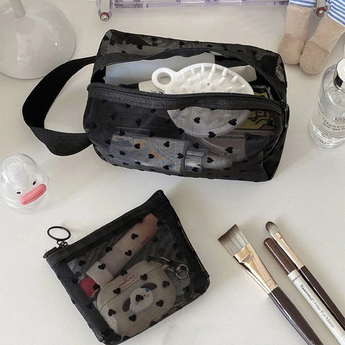 Heart Transparent Mesh Makeup Bag - Portable Cosmetic Pouch