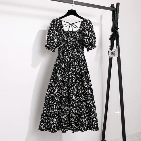 Floral A-Line Chiffon Dress with Short Sleeves
